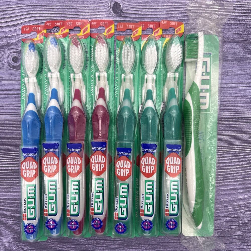 8 LOT Vintage NOS Butler GUM Quad Grip Technique 490 Toothbrush SOFT Full Size